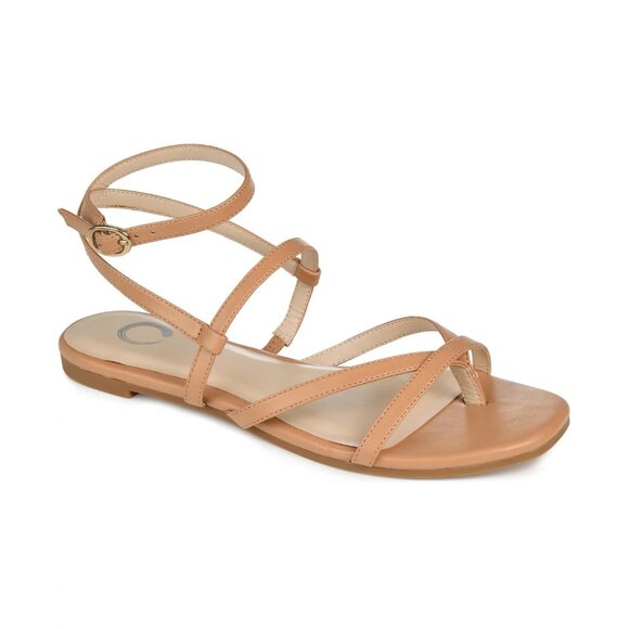 Journee Collection Womens Size 8.5 Faux Leather Serissa Strappy Flat Sandals Tan - Picture 1 of 5